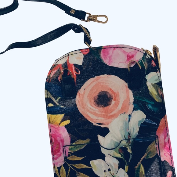 MONARQUE PINK FLORAL ON BLACK CROSSBODY BAG PURSE WALLET WATERCOLOR FLORAL PURSE - Picture 8 of 13
